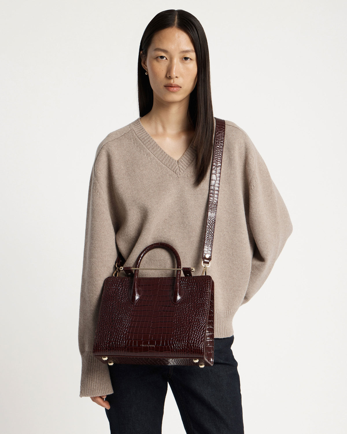 Midi Tote - Croc-Embossed Leather Burgundy - View 10