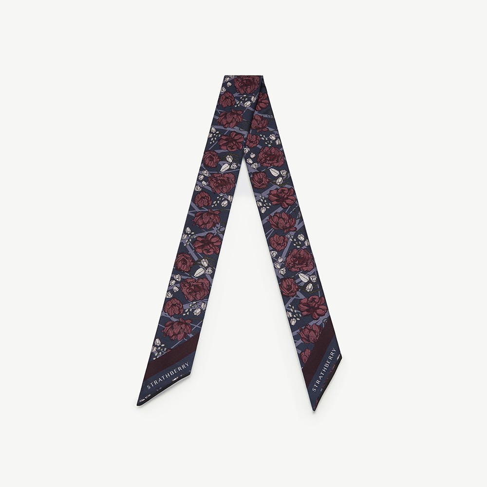 Silk Skinny Scarf - ECA Charlotte Floral Burgundy/Navy - View 1