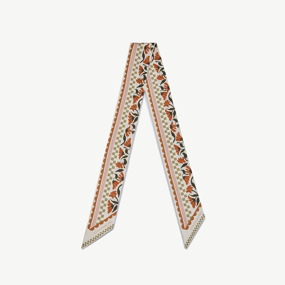Silk Skinny Scarf - Vanilla/Red Gingham Stripe - View 1