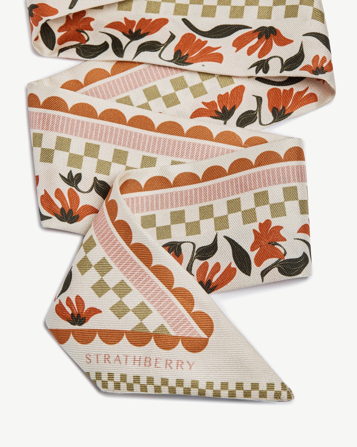 Silk Skinny Scarf - Vanilla/Red Gingham Stripe - View 3