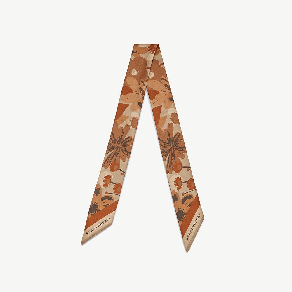 Silk Skinny Scarf - Caramel/Tan Block Floral - View 1