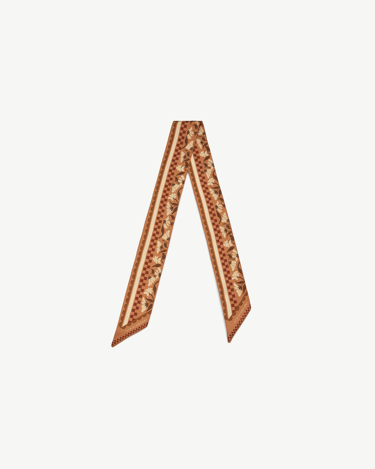 Silk Skinny Scarf - Tan Floral Gingham Stripe - View 2