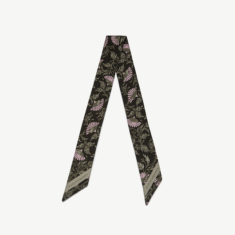 Silk Skinny Scarf - Dark Green Thistle Print - View 1