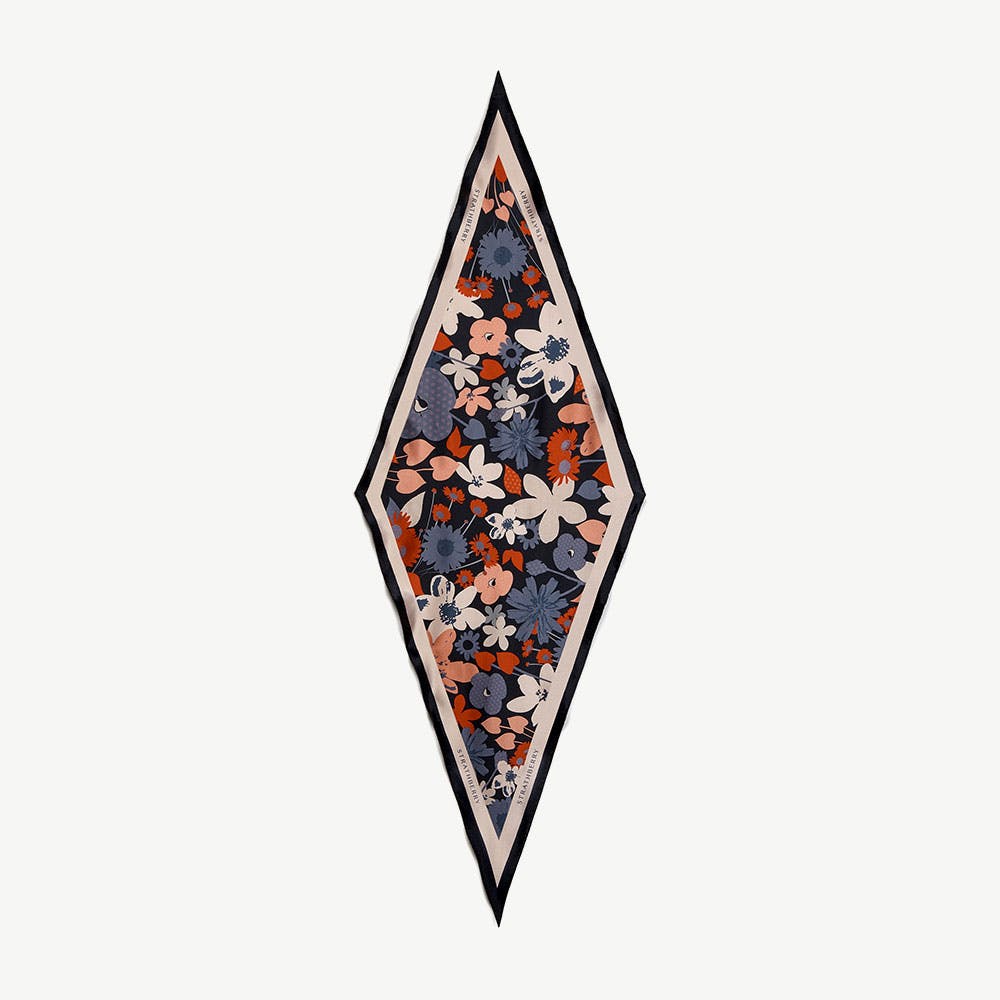 Silk Diamond Scarf - Navy/Red Block Floral - View 1