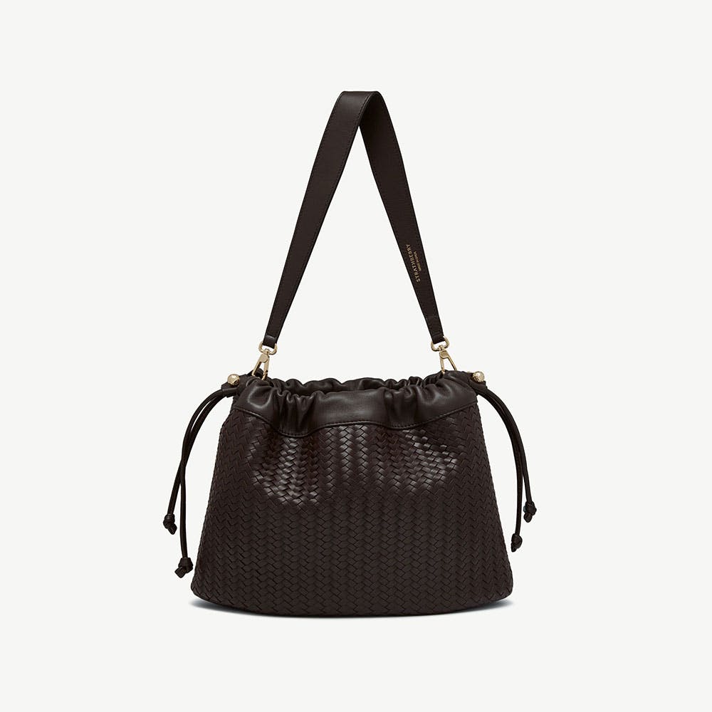 Charlotte Midi Drawstring - Chocolate Woven Leather - View 1