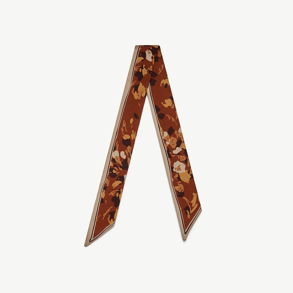 Silk Skinny Scarf - Sand/Oxblood Pop Flowers - View 1