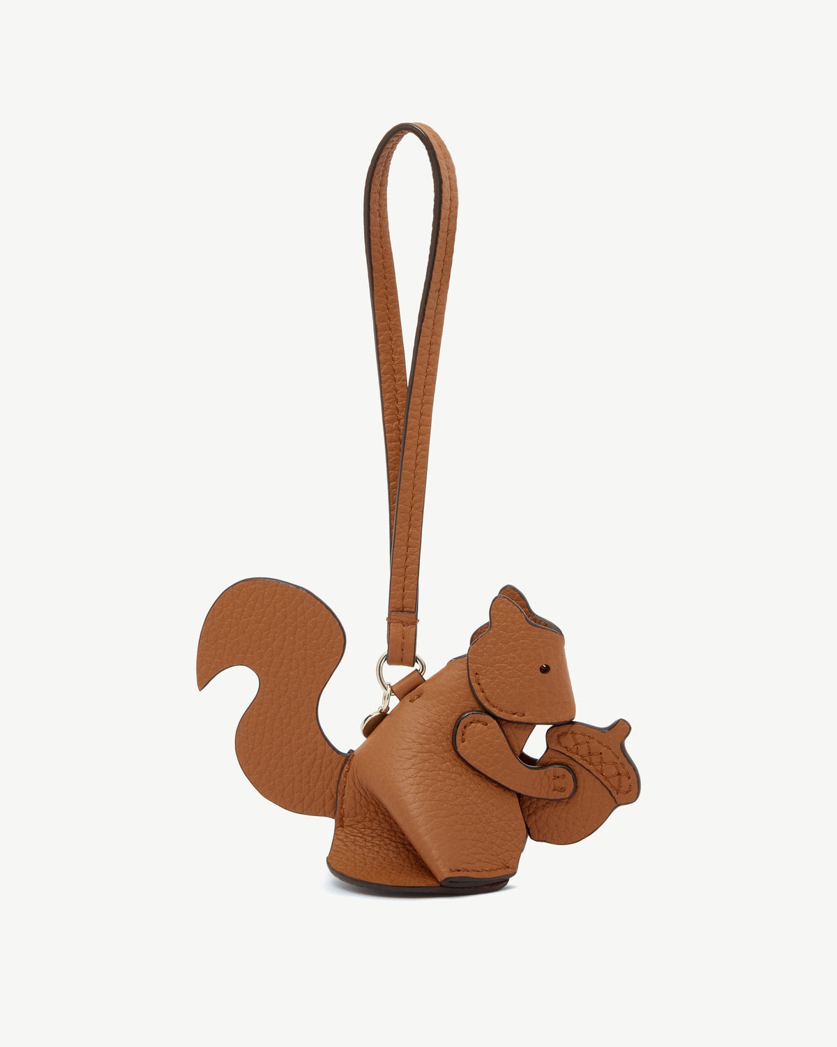 Tan squirrel shaped leather bag charm with leather strap and gold tone ring