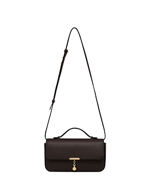 Espresso leather clutch with top handle, adjustable shoulder strap, and gold clasp.