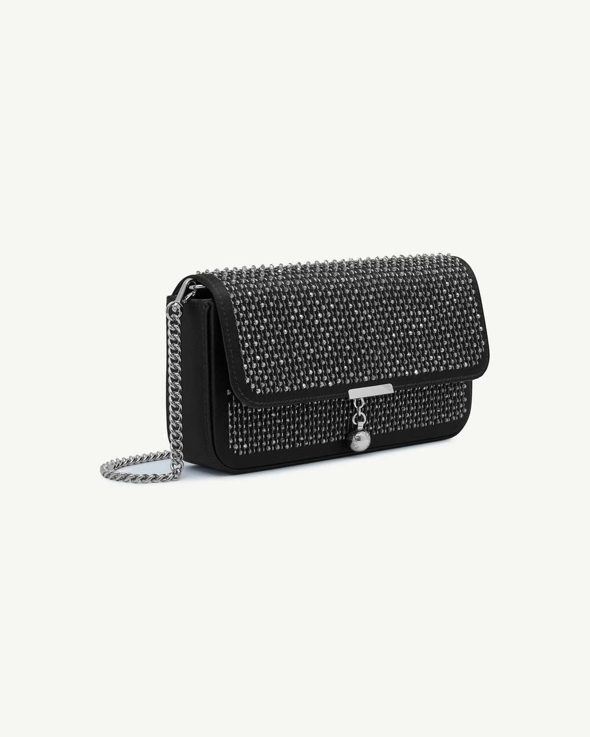Black embroidered satin clutch with silver crystals and chain shoulder strap