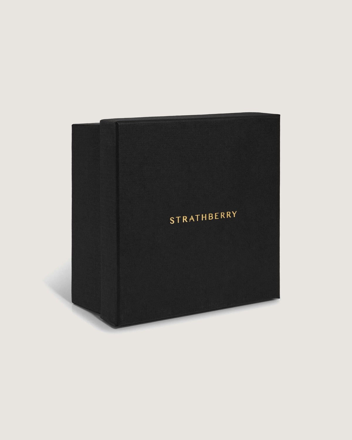 Black rectangular box with gold Strathberry logo centred on lid.
