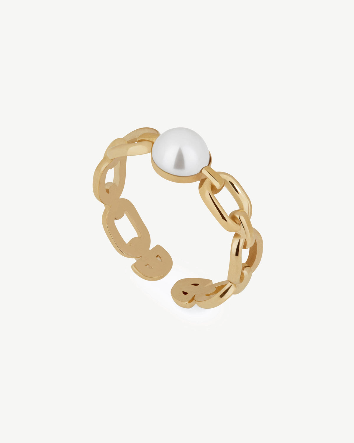 22 carat gold gilded chain-link ring with a single round white pearl, open band.