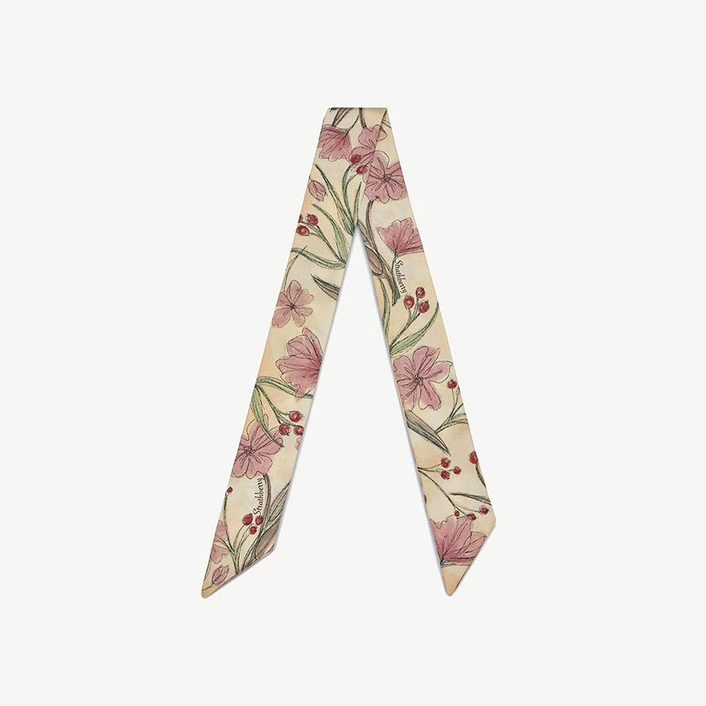 Silk Skinny Scarf - Butter Yellow Berry Flower - View 1