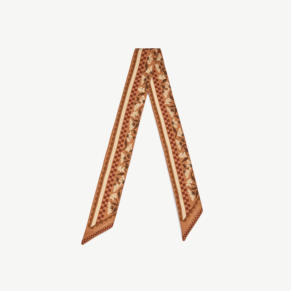 Silk Skinny Scarf - Tan Floral Gingham Stripe - View 1