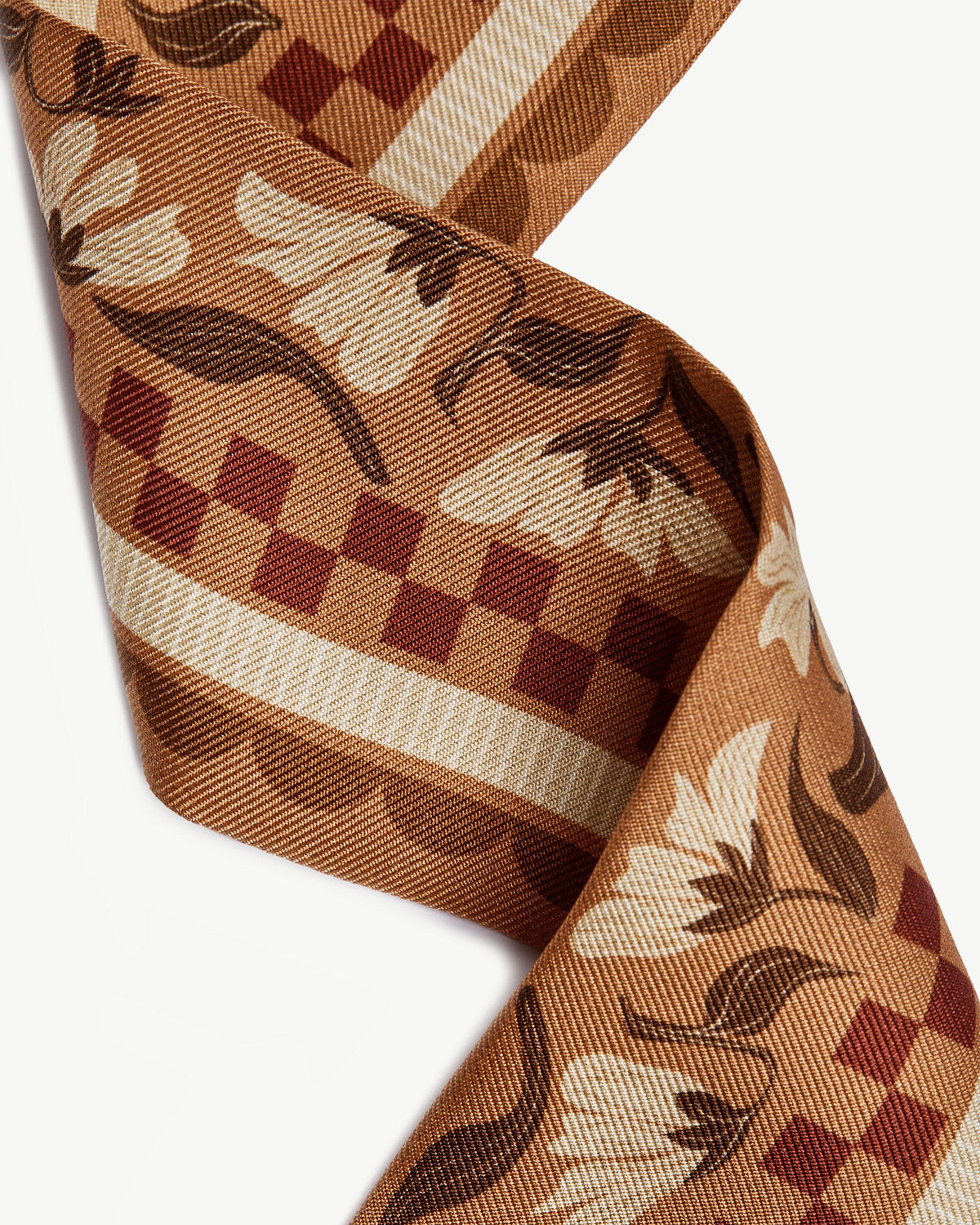 Silk Skinny Scarf - Tan Floral Gingham Stripe - View 3