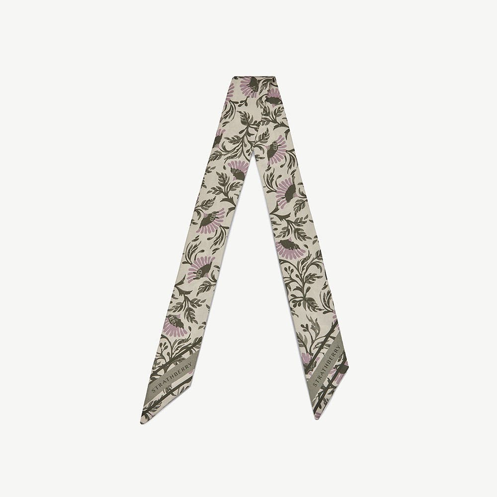 Silk Skinny Scarf - Vanilla/Green Thistle Print - View 1