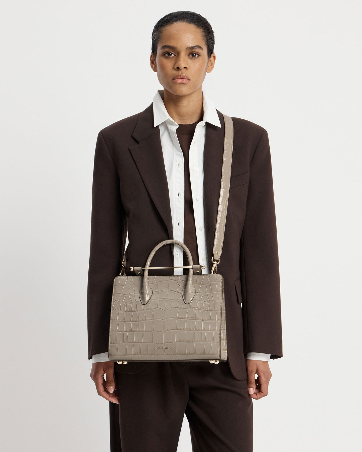 Midi Tote - Croc-Embossed Leather Light Taupe - View 8