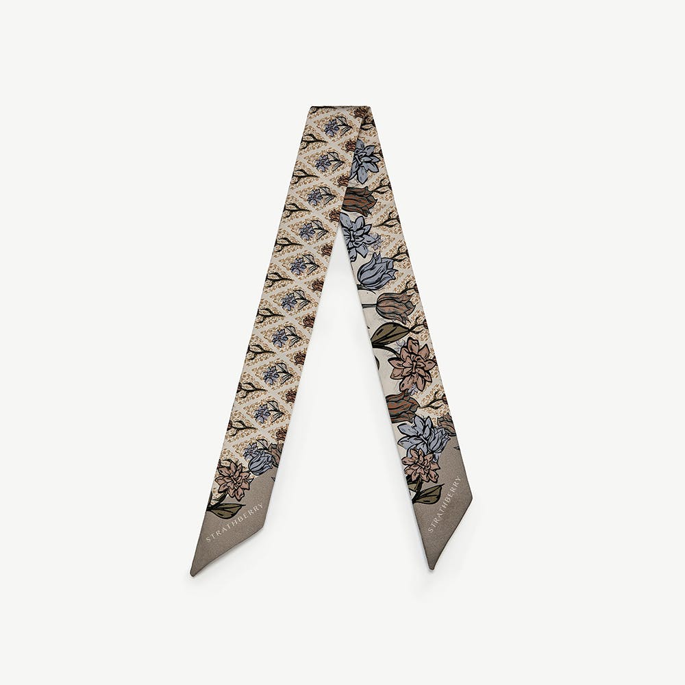 Silk Skinny Scarf - Light Taupe Wallpaper Flowers - View 1