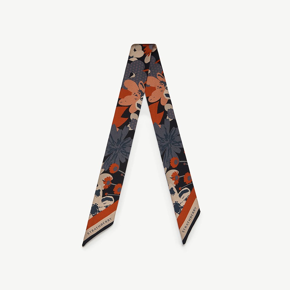 Silk Skinny Scarf - Navy/Red Block Floral - View 1