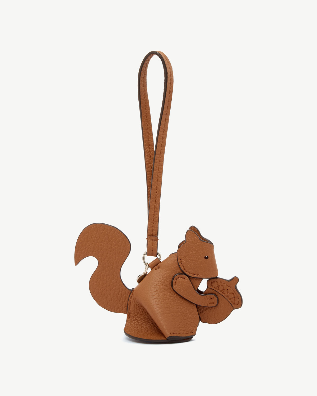 Tan squirrel leather bag charm with long strap and metal ring