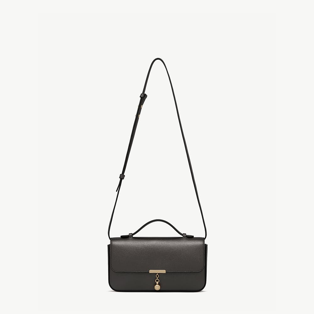 Metallic anthracite caviar leather clutch with top handle, long strap, gold bar clasp with charm