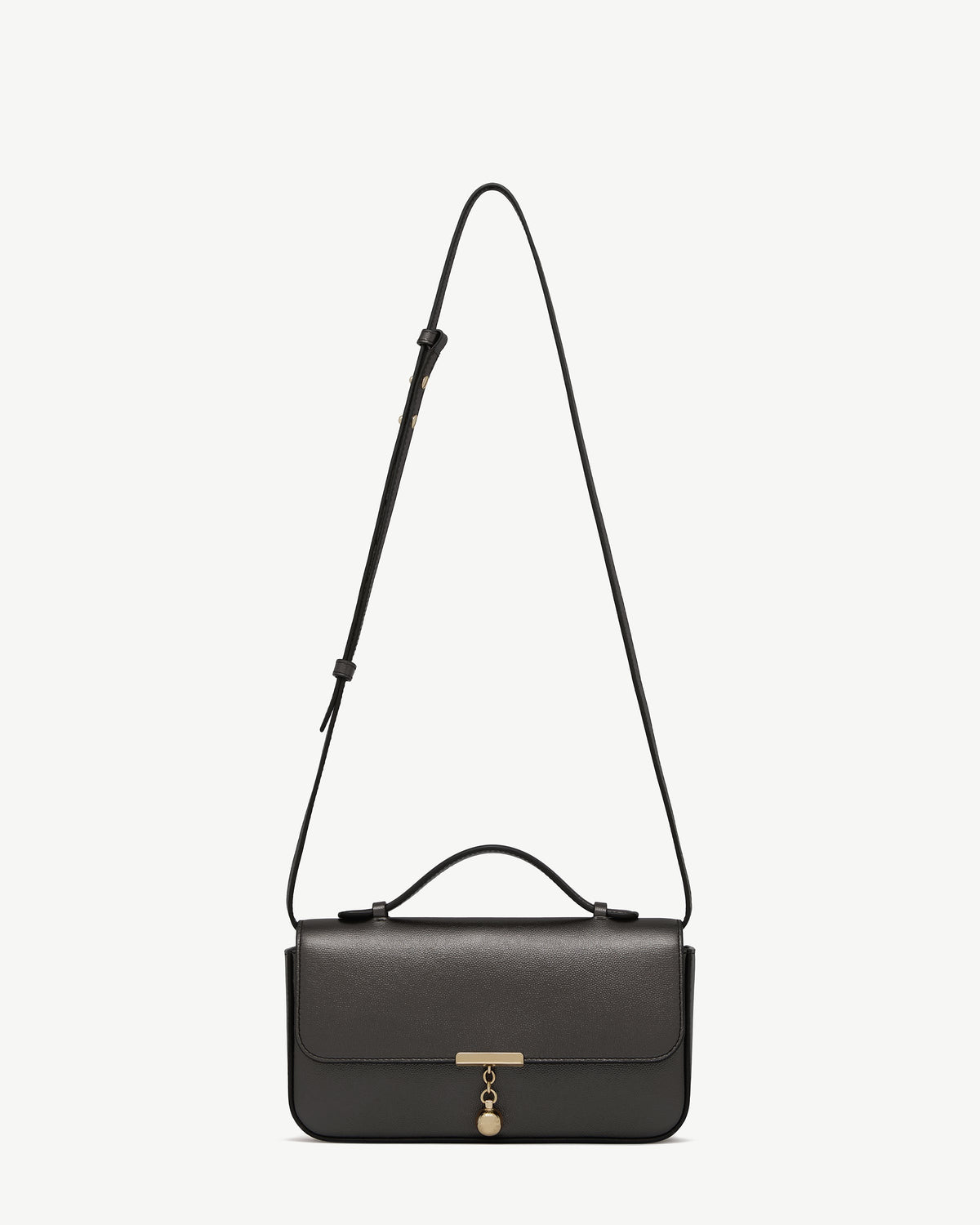 Metallic anthracite caviar leather Nocturn clutch with top handle, long strap and gold hardware.