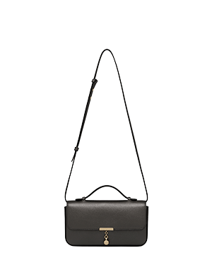 Metallic anthracite caviar clutch with top handle, long shoulder strap, gold clasp.