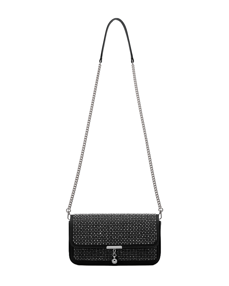 Nocturn clutch in black embroidered satin with silver chain strap and hanging charm.