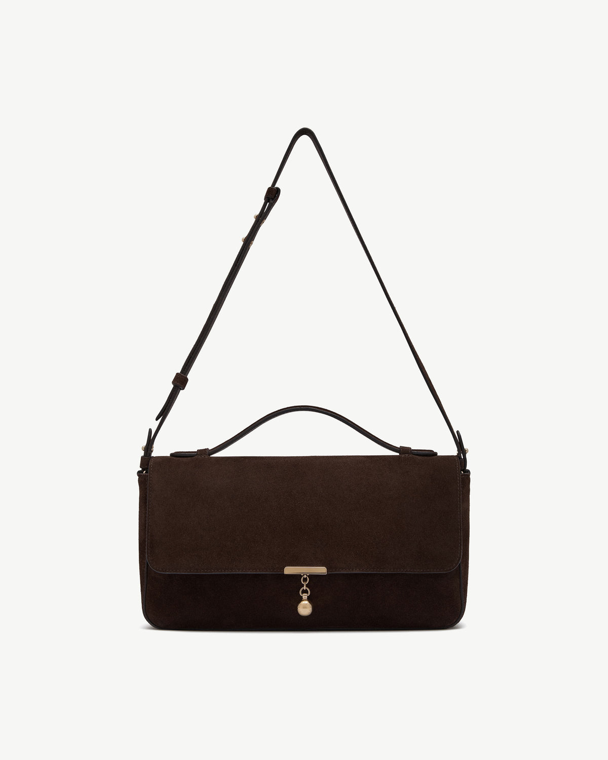 Nocturn Midi espresso suede shoulder bag with top handle and gold clasp.