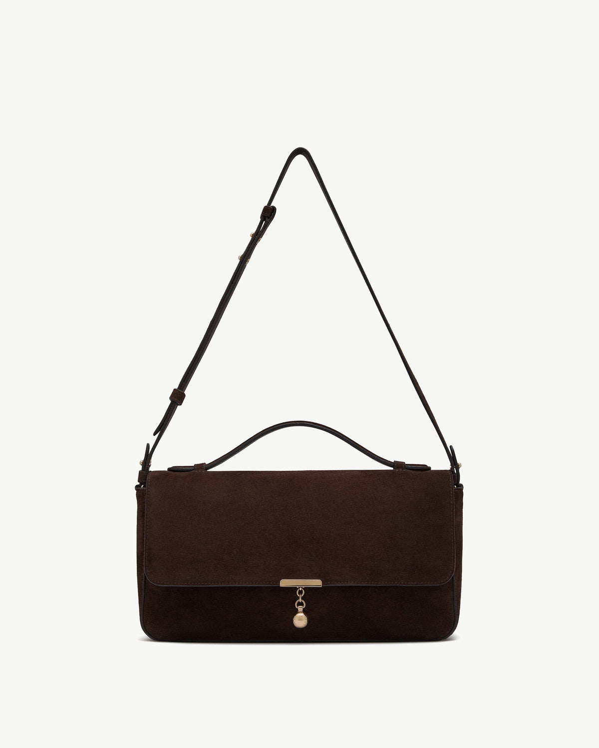 Espresso suede shoulder bag with top handle, adjustable strap and gold ball clasp.
