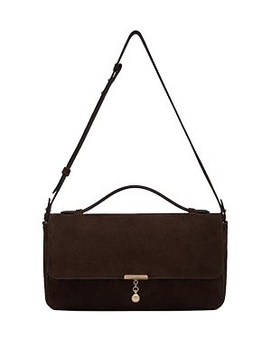 Espresso suede shoulder bag with top handle, adjustable strap and gold front clasp